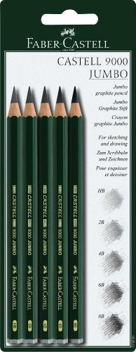 Faber-Castell 5 Piece Quality Castell 9000 Jumbo Graphite Pencils Blister Card Set (HB, 2B, 4B, 6B, 8B)