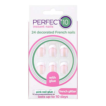 Perfect 10 Decorated French Artificial Nails - French Glitter