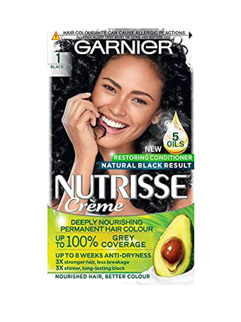 Garnier Nutrisse Permanent Hair Dye, Natural-looking, hair colour result, For All Hair Types, 1 Black