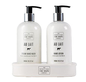 Scottish Fine Soaps Au Lait Hand Care Set (Hand Wash Lotion And Ceramic Bottle Stand)